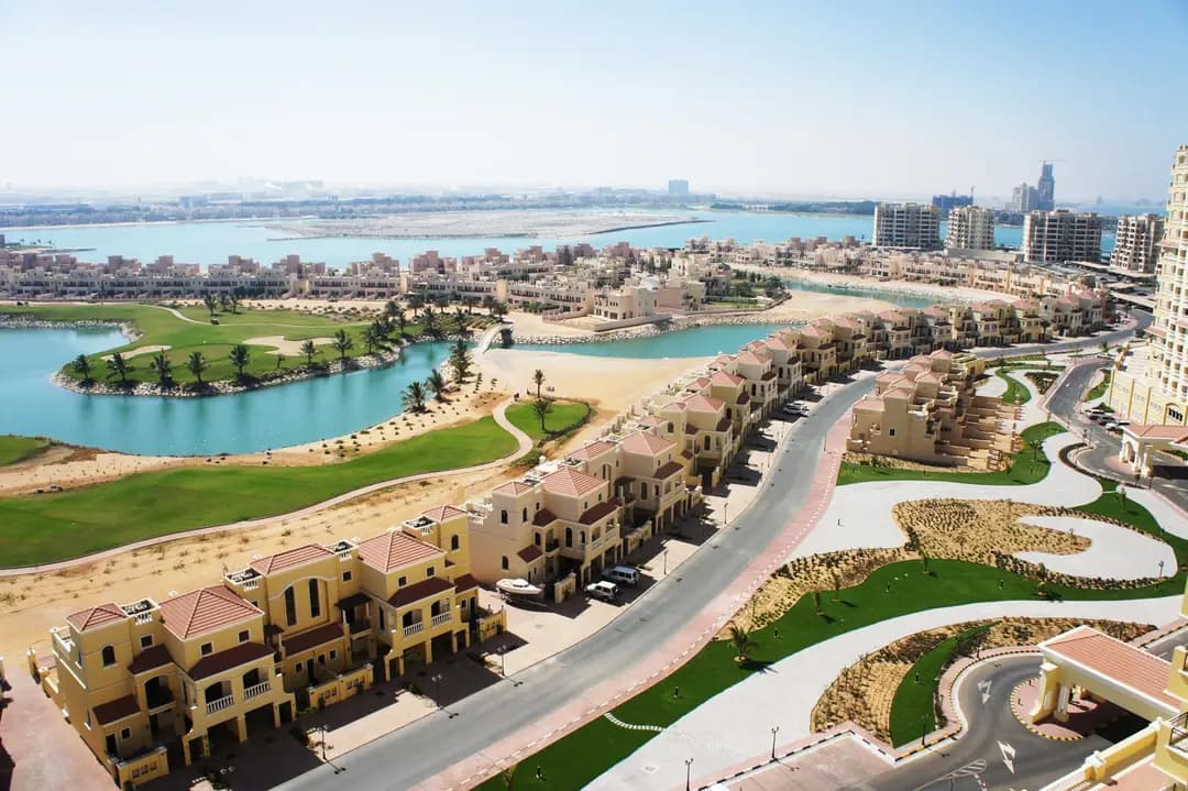 Aerial view of Al Hamra Village waterfront community