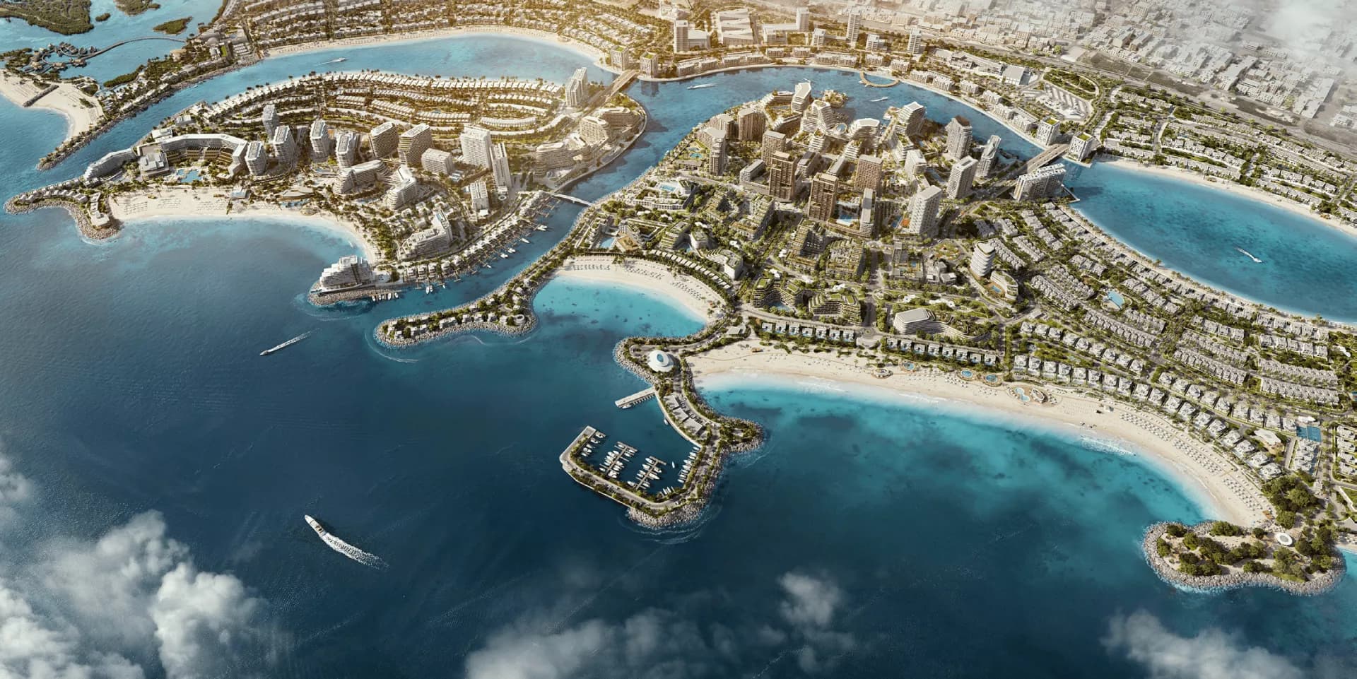 Aerial view of a master-planned coastal freezone community in the UAE