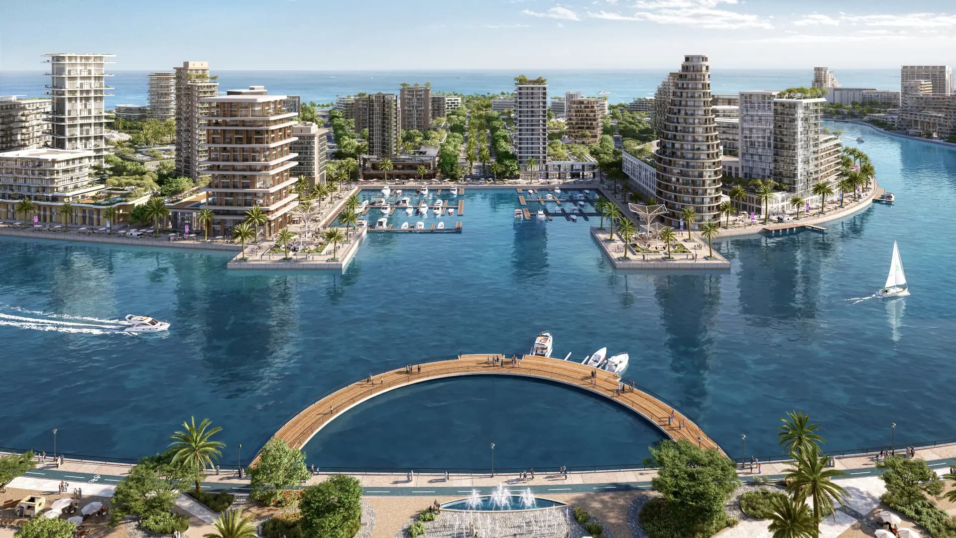 Waterfront homes and a marina on the Ras Al Khaimah coast
